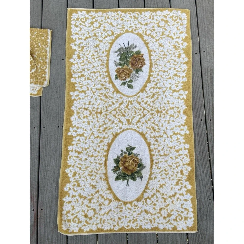 Vtg 60’s Cannon Royal Family Yellow Floral Bath Towels 3pc Set Retro MCM Cottage